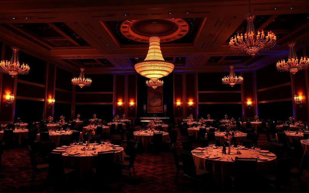 Ballroom set for a black tie dinner
