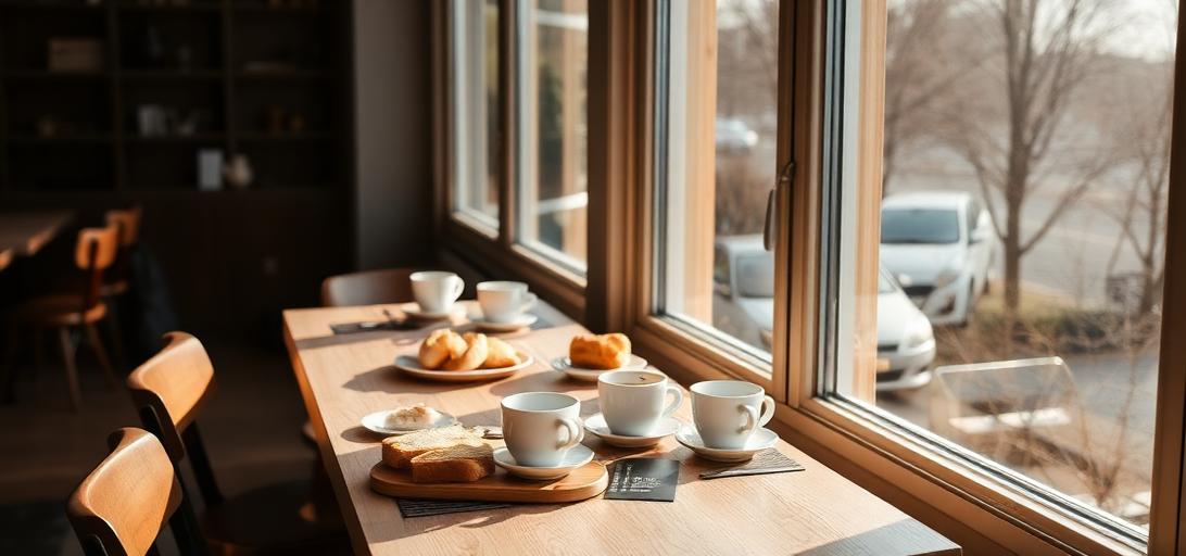 Long brunch table laid out in morning light