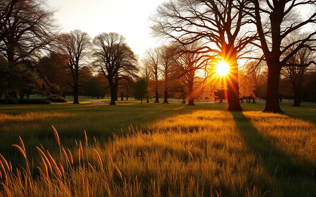 Sunlit English park at golden hour